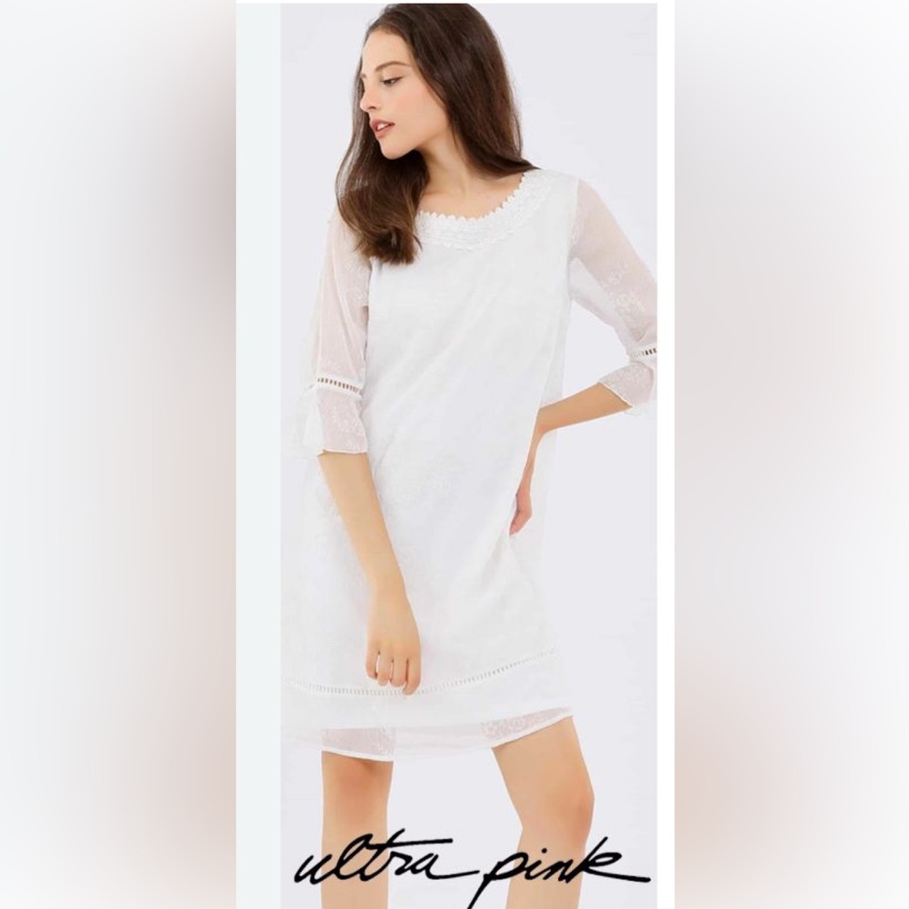 Ultra Pink White Collection Crochet Neckline Bell Sleeve Sheer Lined Dress S10
